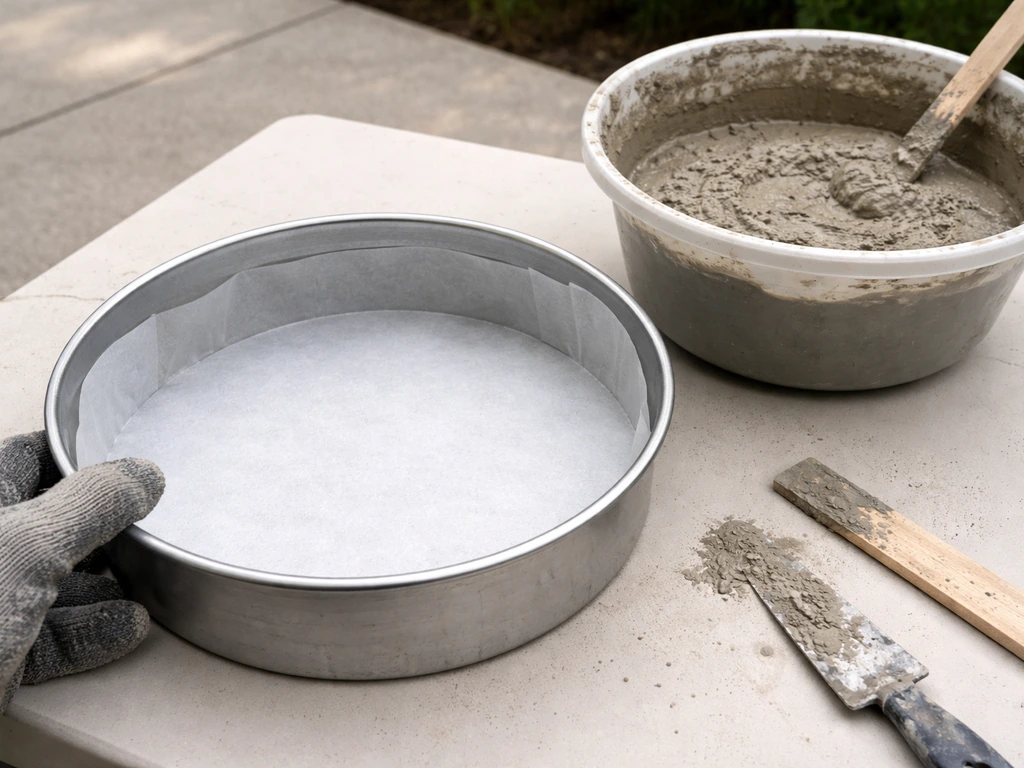 A metal cake pan and mixing bowl prepared on a workbench for casting a bird bath