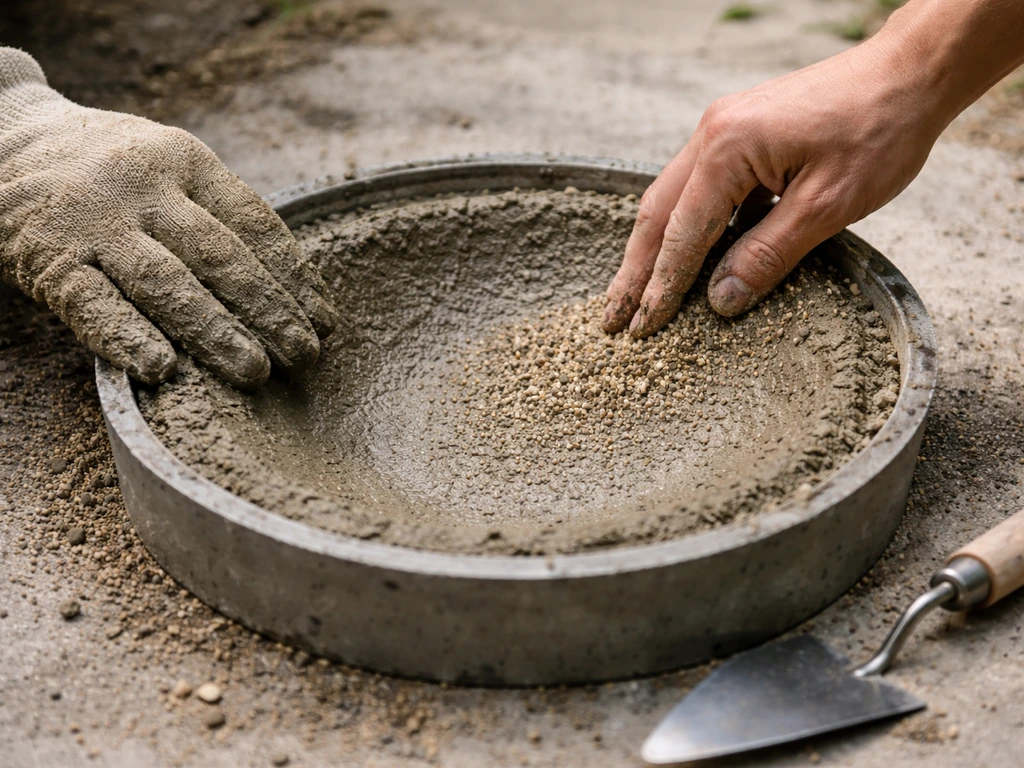 Hands shaping a small wet concrete basin with a gentle slope and pressing gravel for texture.