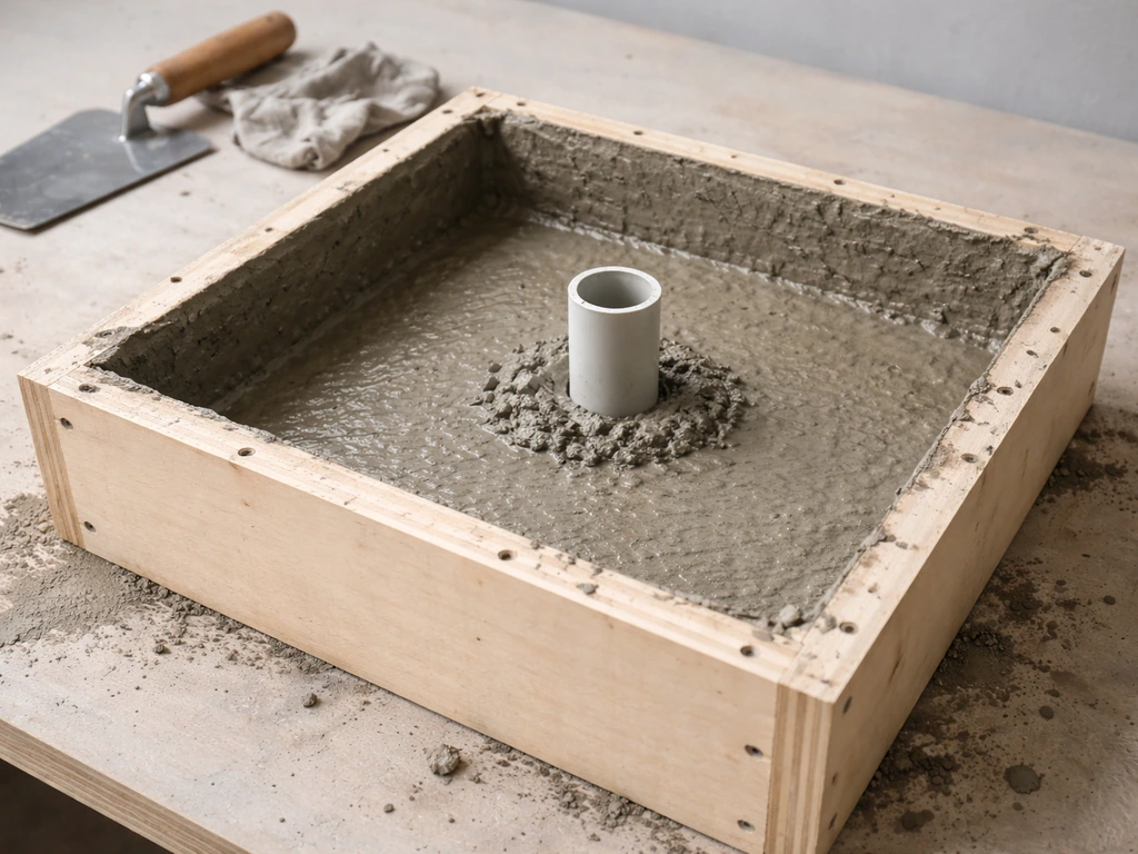 PVC pipe drainage piece inserted through the center of a concrete basin mold on a workbench