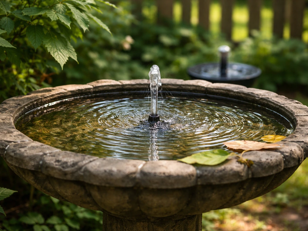 Partially shaded bird bath with fresh water and a small solar fountain pump creating gentle ripples.