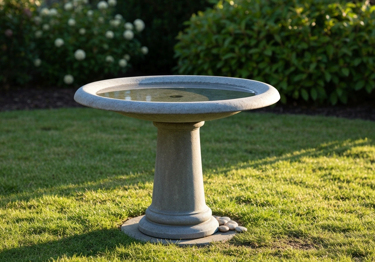 Premium outdoor garden bird bath with solid basin and durable finish in soft natural light.