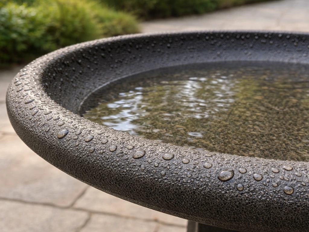 Close-up of a textured bird bath basin with a durable, UV-resistant finish and water-ready surface