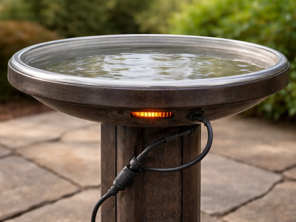Heated bird bath outdoors with visible heating element and power cord near the base.