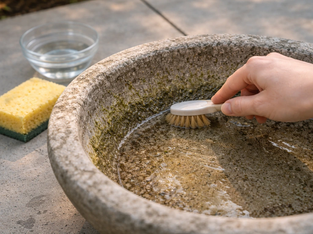 Close-up of a bird bath basin with algae and mineral buildup while a person cleans it with a brush and sponge.