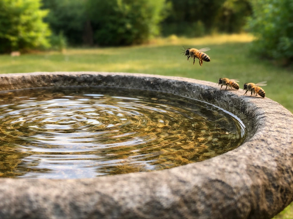 Close-up bird bath with bees hovering near the rim, suggesting how to deter insects from the water.