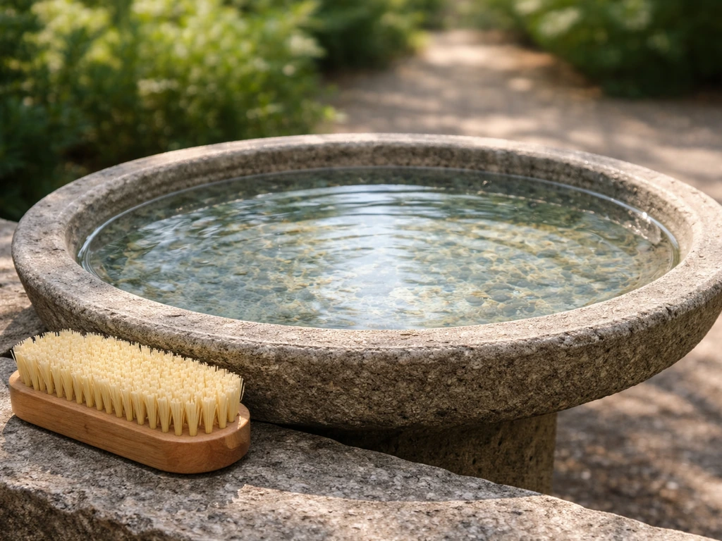 Bird bath filled with fresh water beside a stiff cleaning brush on a patio