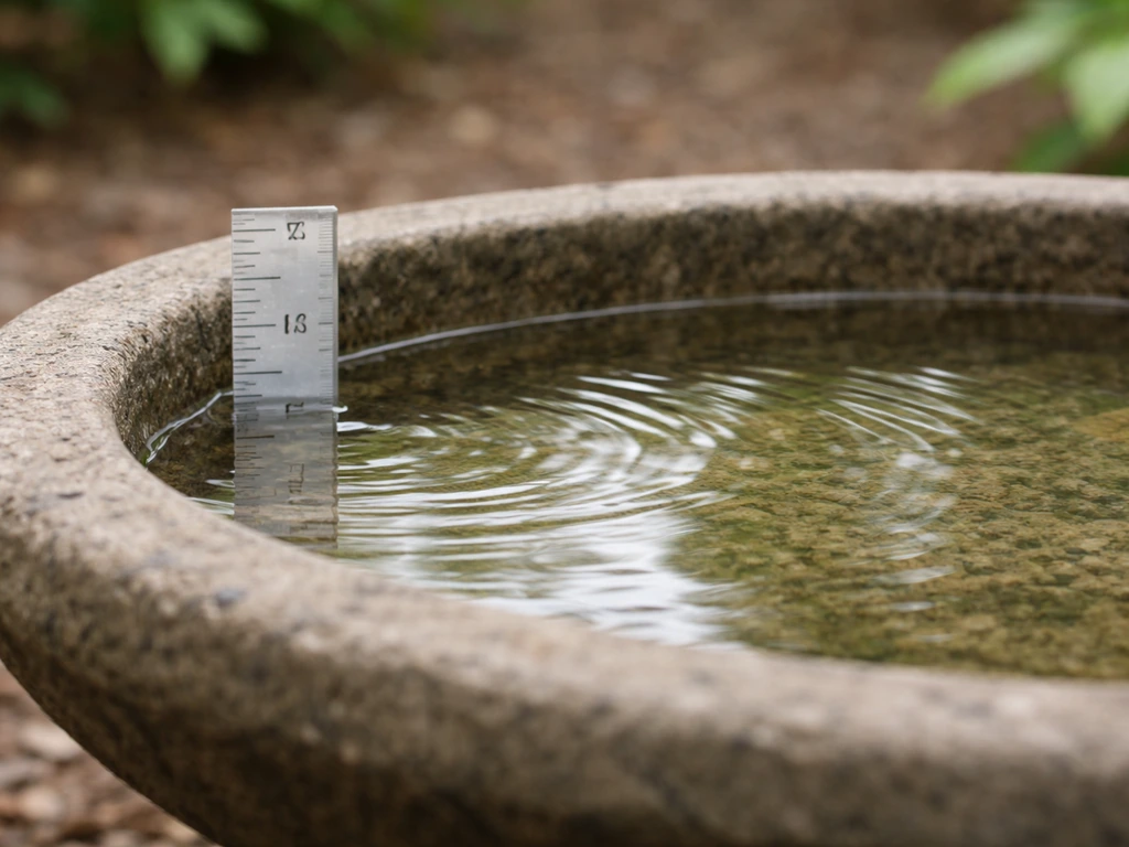 Side view of a shallow bird bath with a ruler showing 1.5–2 inch depth and a gentle center slope.