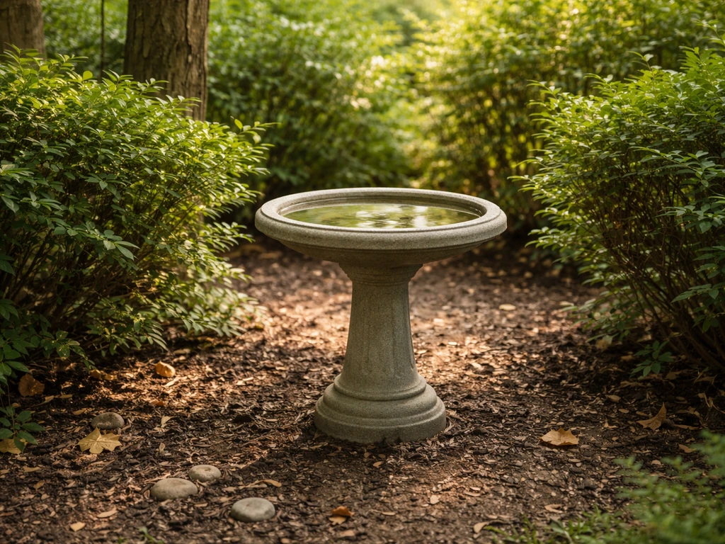 Bird bath in a protected garden spot near shrubs and a tree for quick escape cover