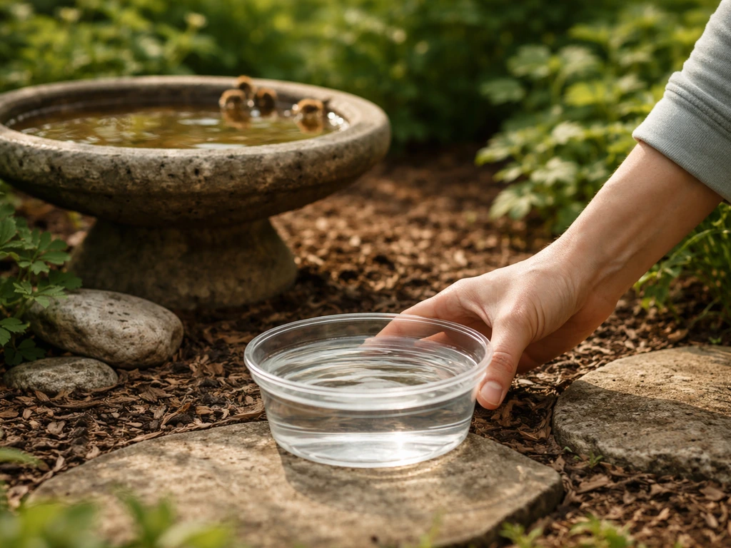 Calm person placing a small water container near a bird bath to redirect bees without swatting