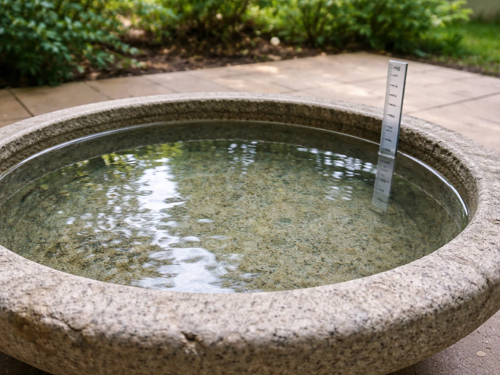 Shallow-filled backyard bird bath with water depth clearly around 3–4 inches, no birds in view.