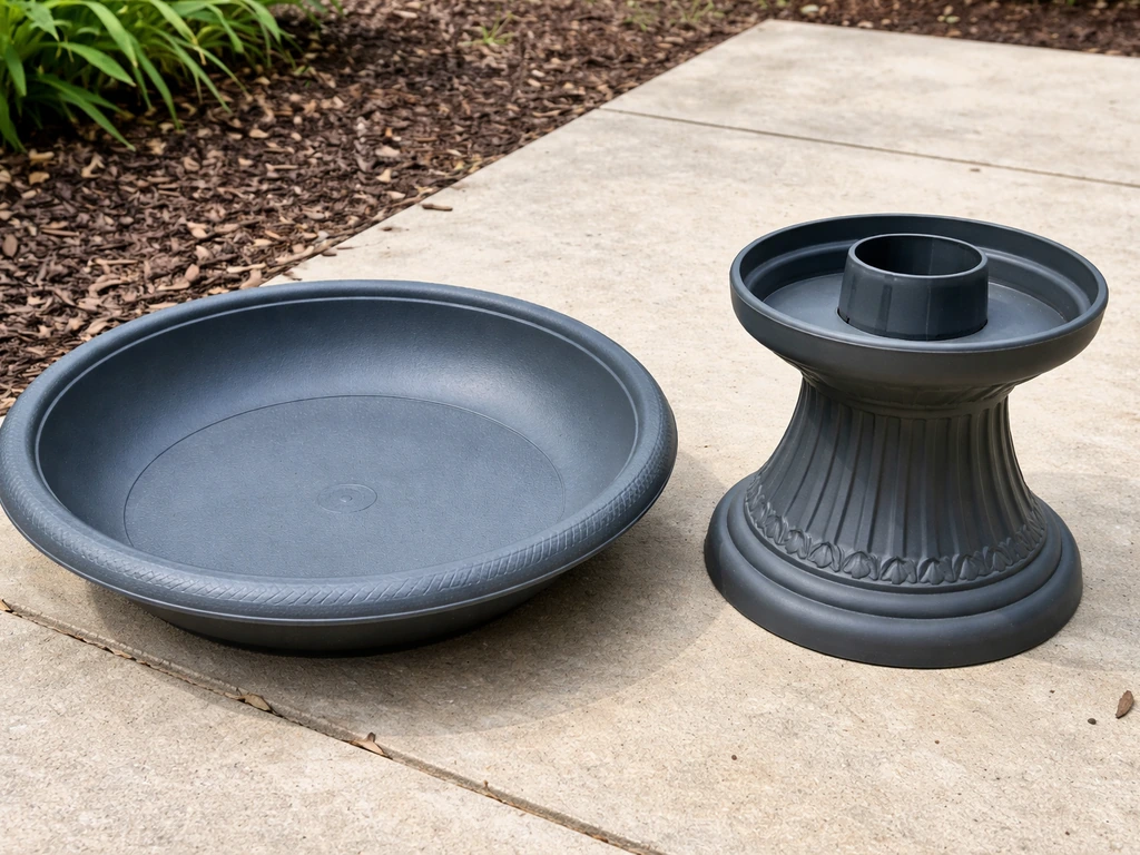 Plastic bird bath top bowl placed next to a matching base insert, showing the fit and setup.