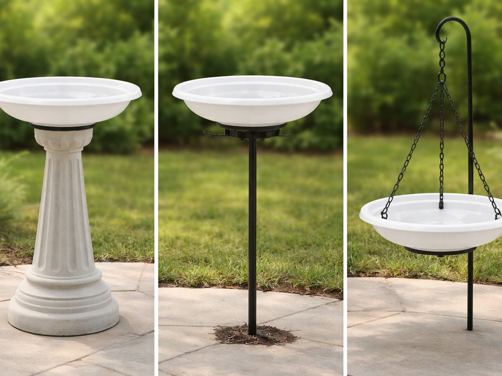 Plastic bird bath top bowl aligned onto three different base types in a simple outdoor patio setup.