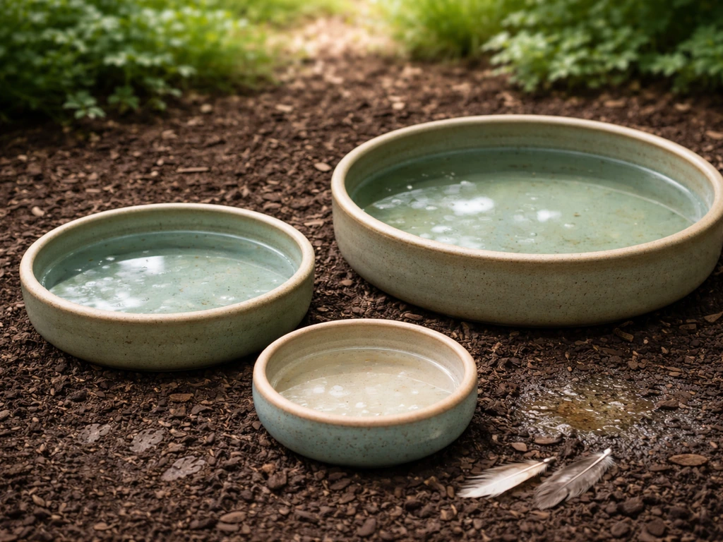 Three simple bird bath bowls in a yard showing shallow vs deeper water for small, medium, and larger birds.