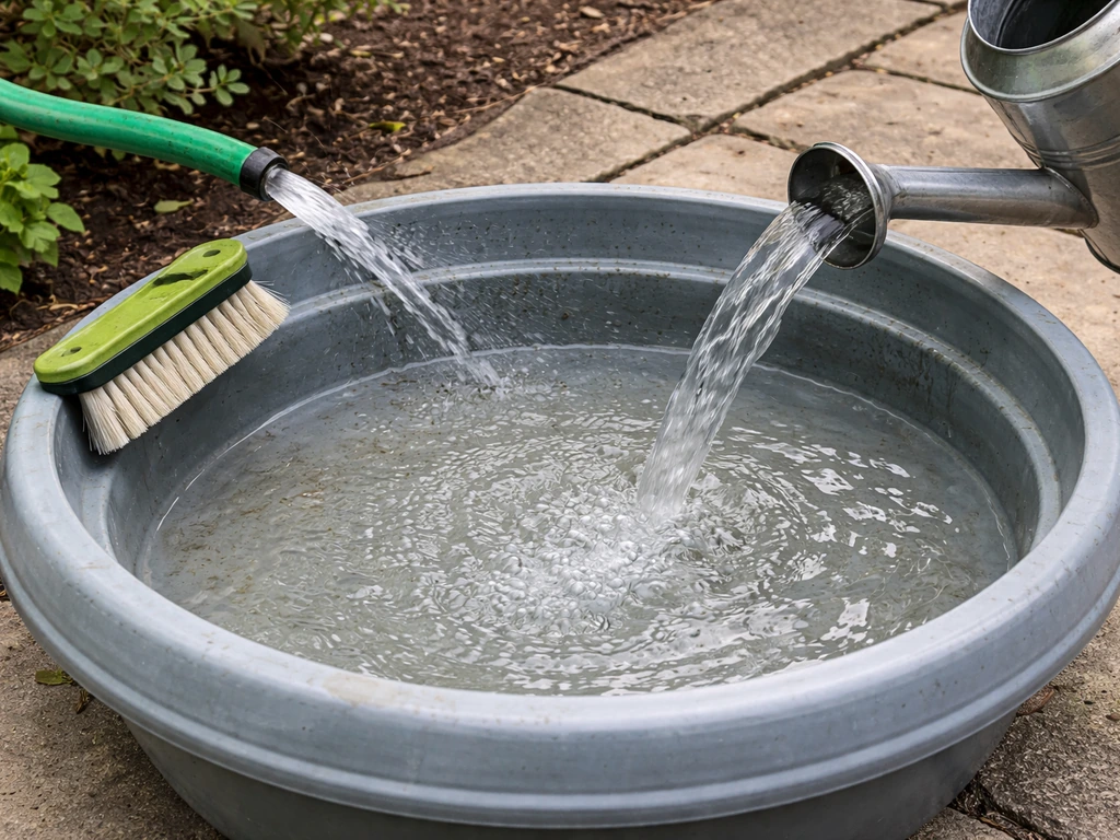 Plastic bird bath bowl being rinsed with a hose, brush nearby, fresh water refilling.