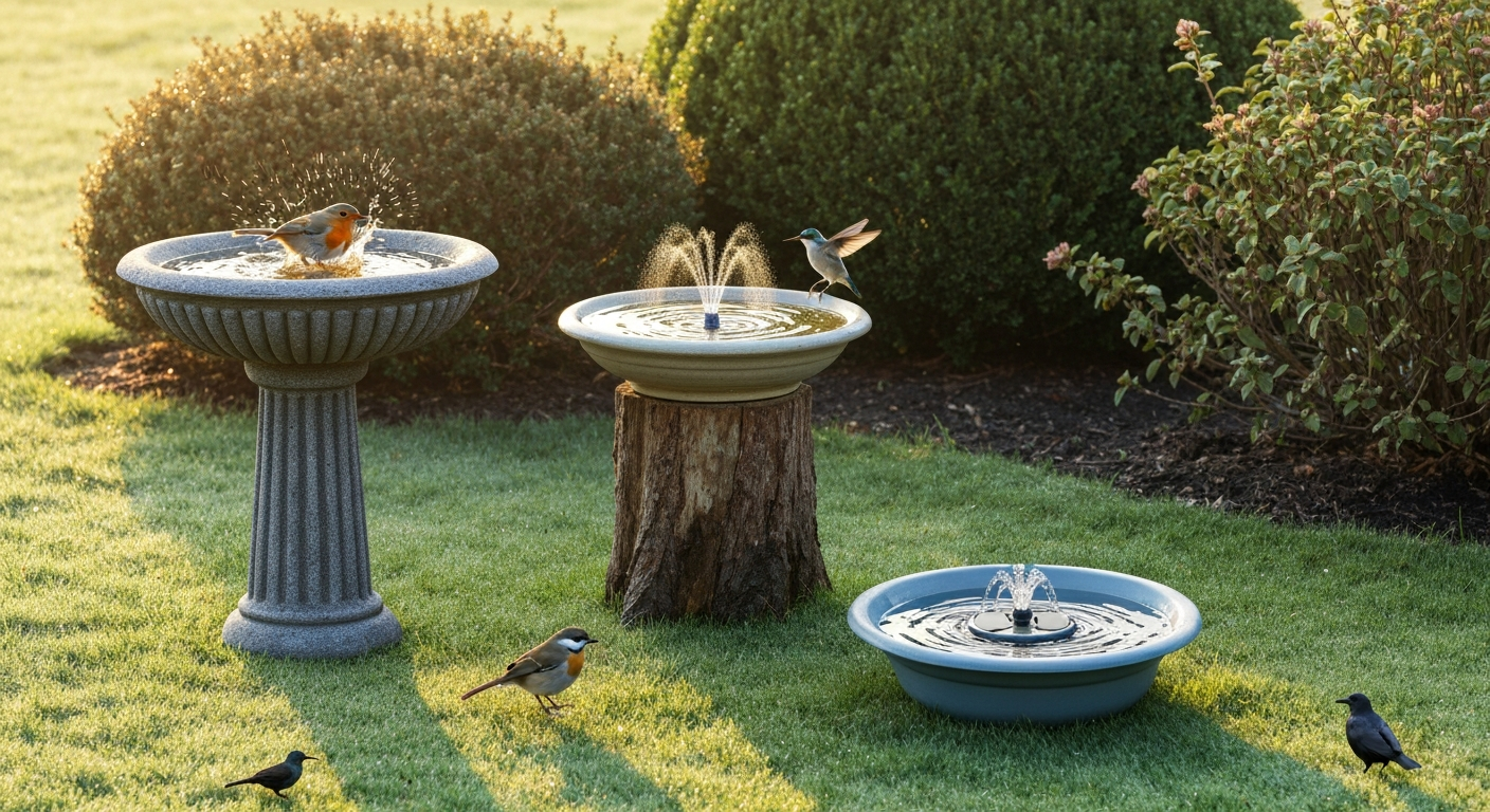 Morning backyard with several bird bath tops: a cast-stone pedestal basin with a robin bathing, a glazed ceramic bowl on a stump with a chickadee, a shallow saucer and mister with a hovering hummingbird, and an HDPE bowl with a small solar fountain, set among shrubs.