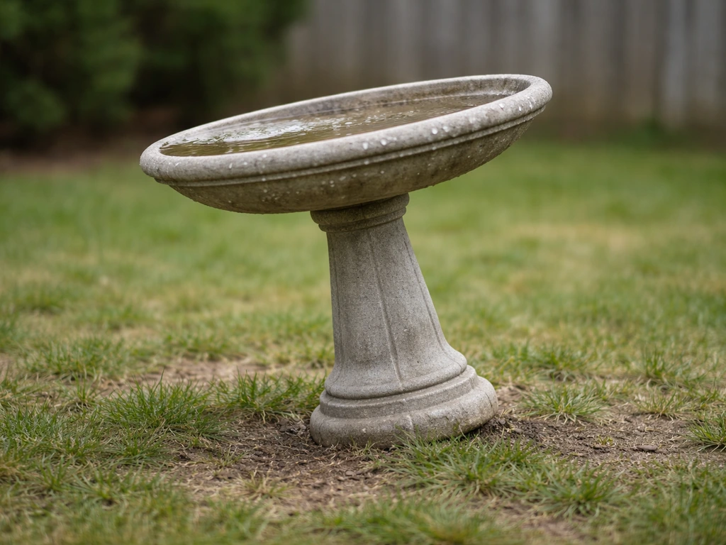 A wobbly pedestal bird bath tipping on a yard surface, outdoors with natural light