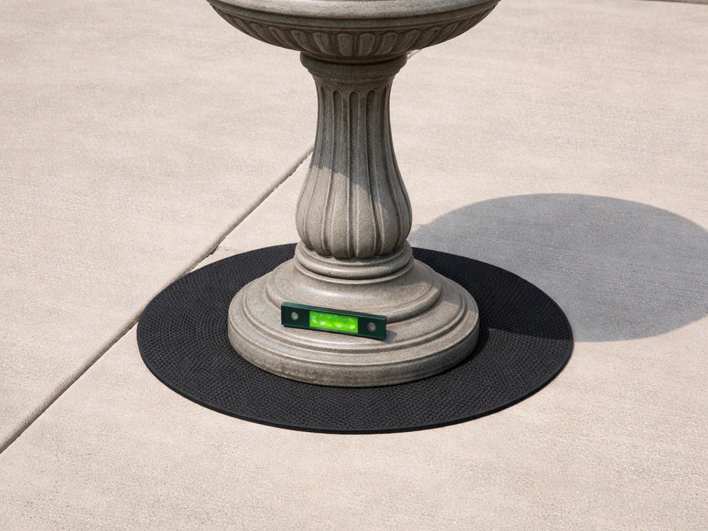 Pedestal bird bath on a concrete patio with a bubble level and a non-slip rubber mat under the base.