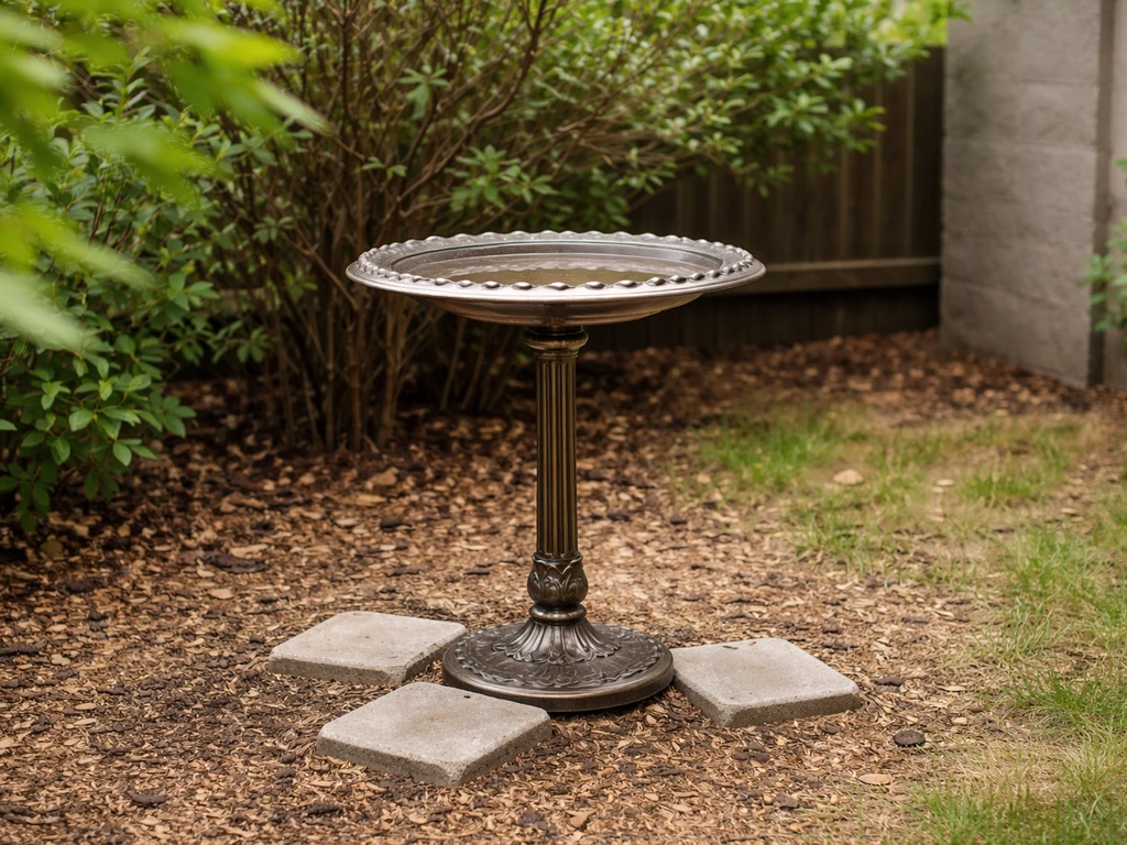 Lightweight metal bird bath in a windy yard, sheltered by fence and shrubs, with stepping stones holding it in place.