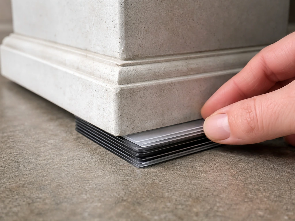 Close-up of plastic shims stacked under a pedestal base on a hard surface to level it