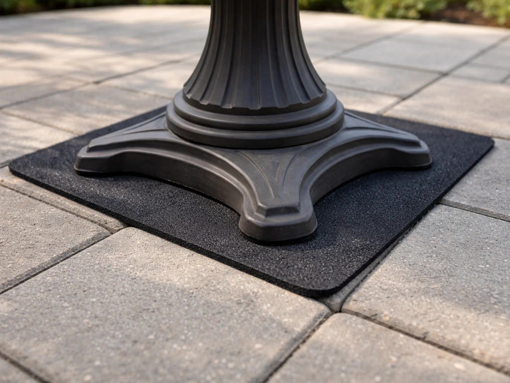 Close-up of a pedestal base on smooth pavers with a cut-to-fit rubber anti-slip mat underneath.