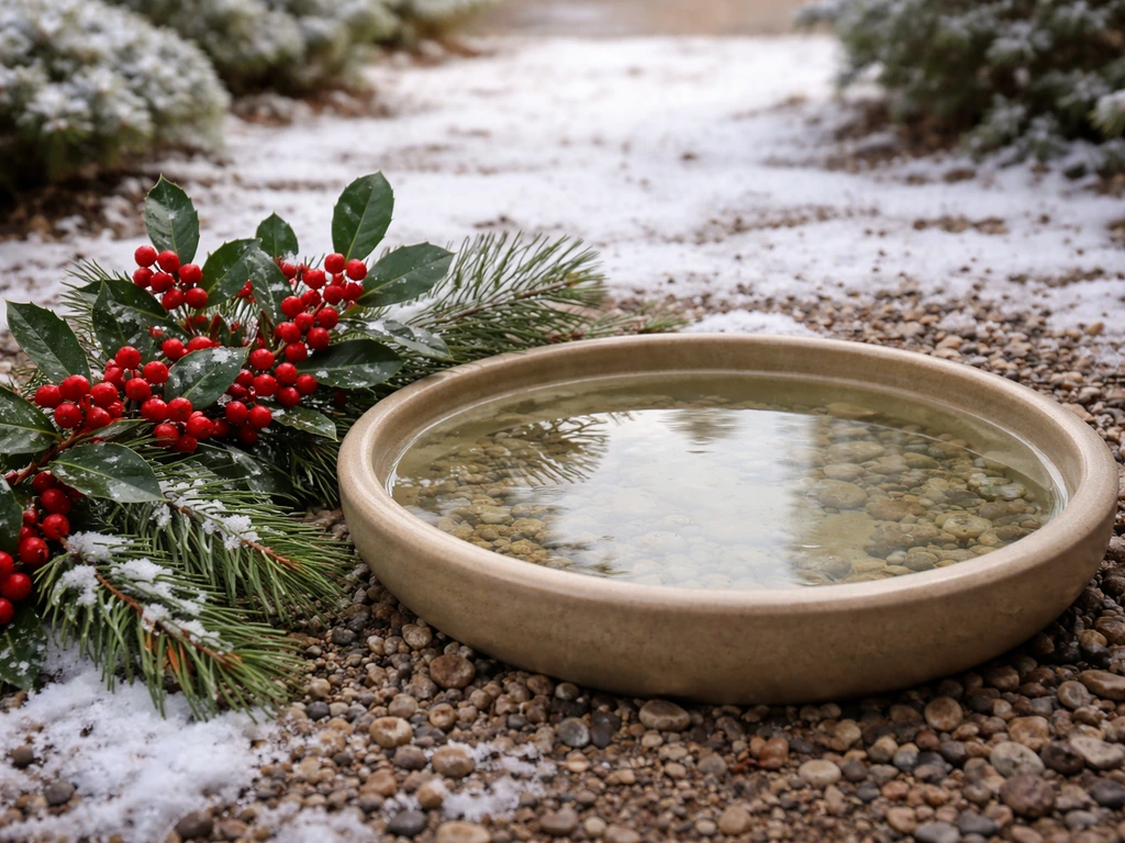 Winterberry holly and evergreen branches beside a shallow bird bath with clear, accessible water for birds.