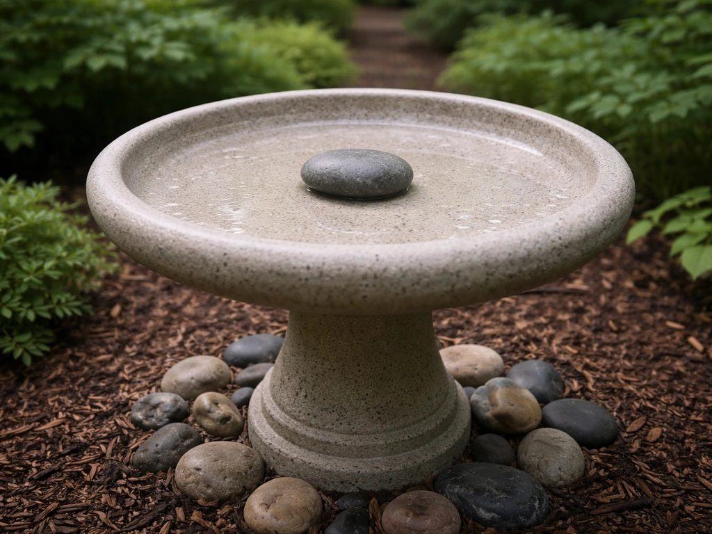 Scrubbed empty bird bath basin with one clean perching stone, pedestal area being decorated with weather-safe accents