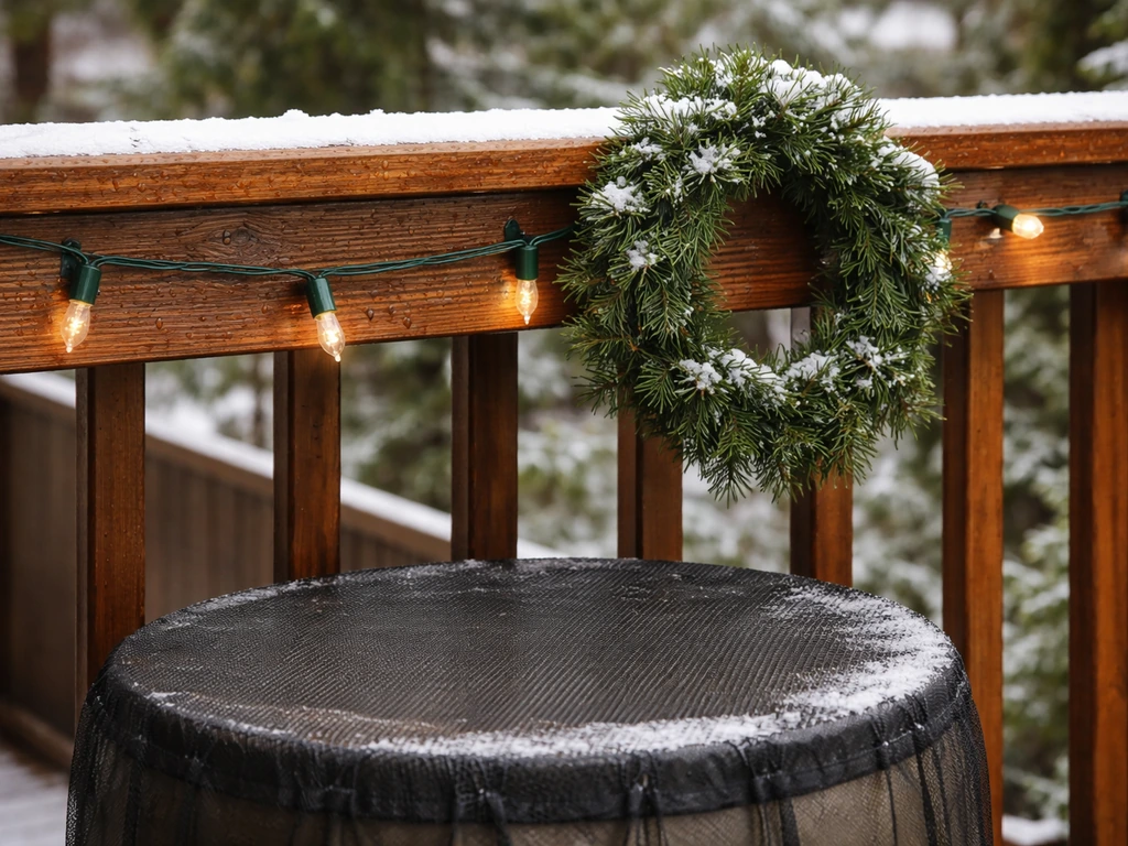 Outdoor decorations secured above a deck rim with mesh barrier detail after rain/snow, clean and ready