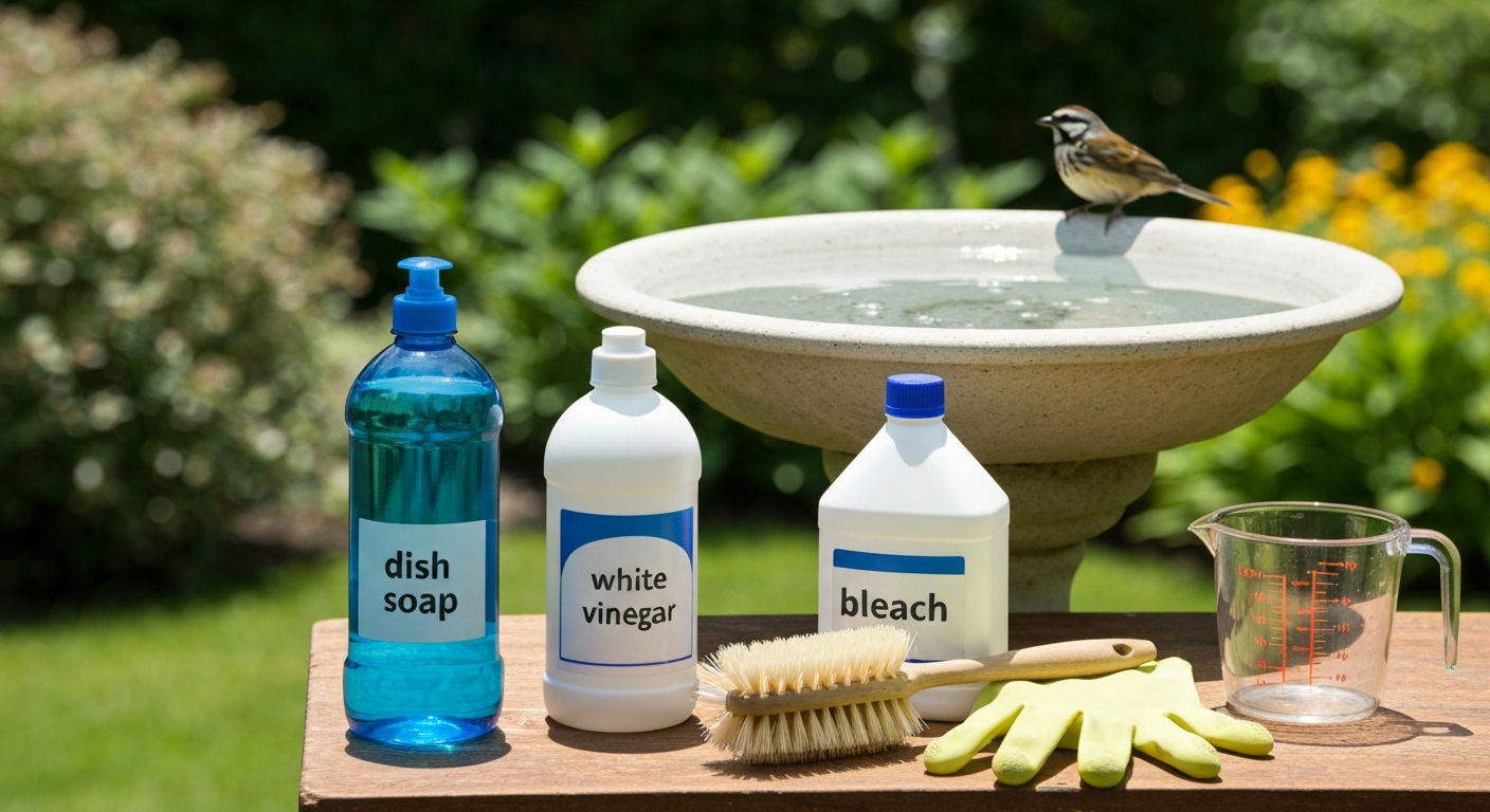 Clean bird bath with a songbird on the rim and nearby cleaning supplies (dish soap, vinegar, bleach, scrub brush, gloves) on a table in a sunny garden.