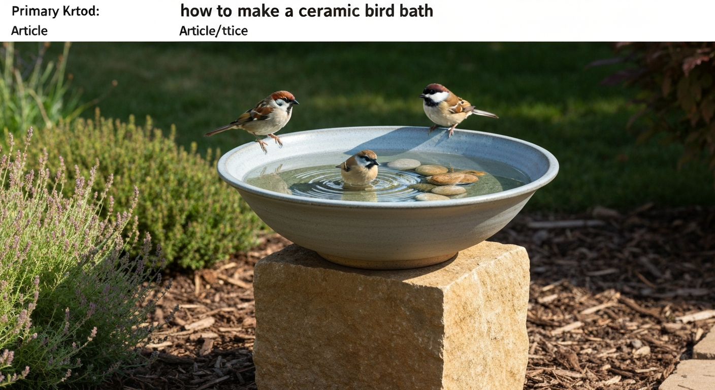 Matte-glazed handmade ceramic bird bath on a stone pedestal in a garden with small songbirds bathing and perched on the rim.