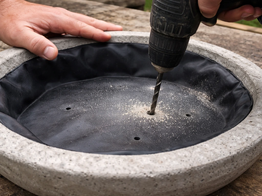 Hands drilling small drainage holes at the base of a concrete bird bath with a rubber liner inside