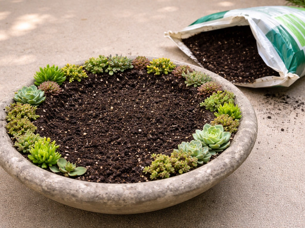 Bagged potting mix and small bird-bath planter plants in a shallow basin with succulent-like leaves