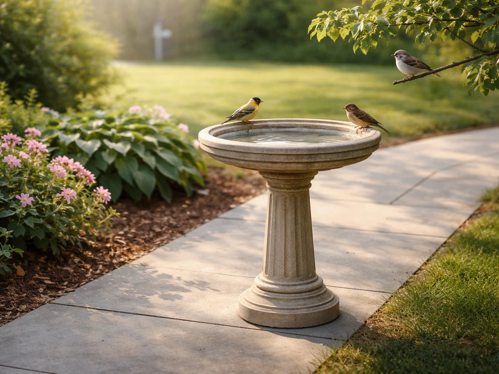 Planter and bird bath pedestal positioned for sun with small birds perched nearby, no pooled water