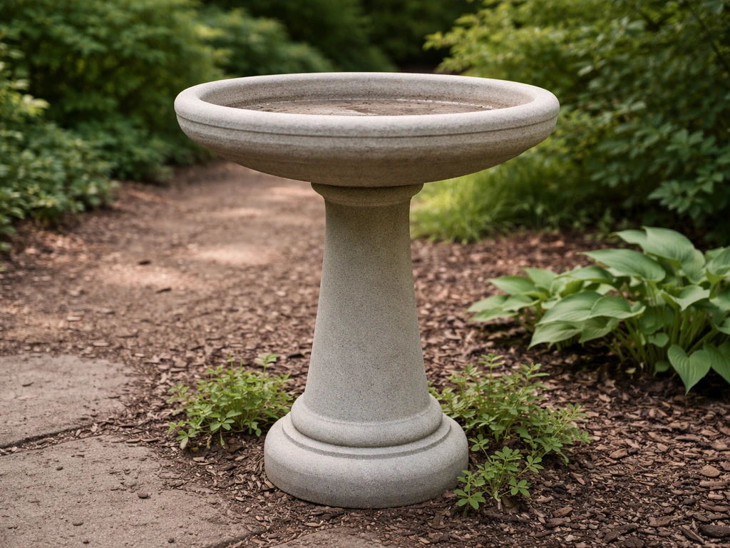 Concrete two-piece bird bath on a garden path with small plants and soft background foliage.