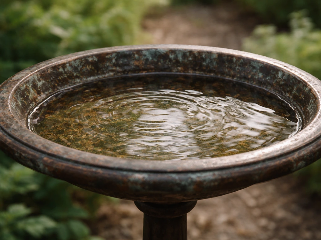 Close-up of a copper or cast-iron bird bath with patina and small water pooling in the basin.