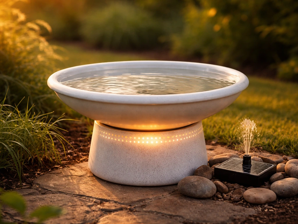 A backyard heated bird bath with a visible pump and warm glowing heating base