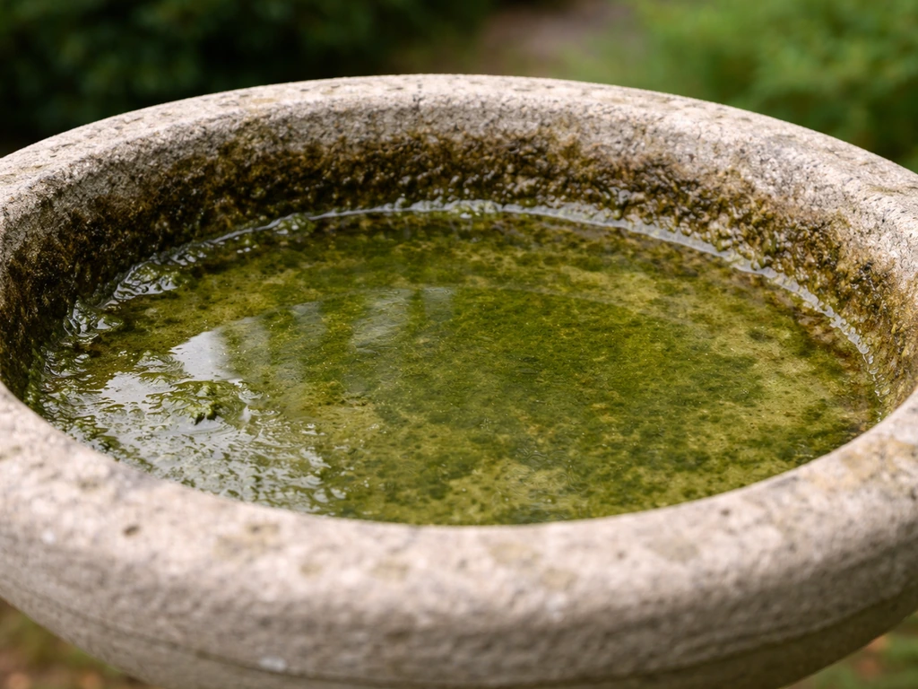 Green algae film and buildup on an outdoor bird bath with porous-looking concrete rim